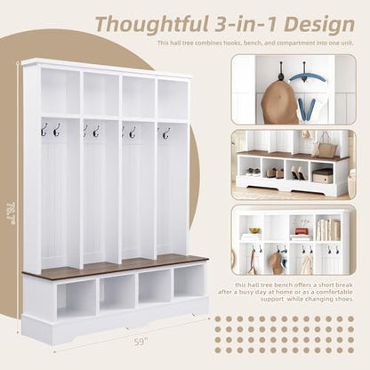 Merax Farmhouse Hall Tree with Bench and Shoe Storage, 59" Entryway Bench with Coat Rack, 8 Hooks and Top Compartments, 3-in-1 Entryway Hall Tree for Hallway, Living Room, White - color: White