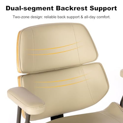 Mid Century Walnut Bentwood PU Leather Office Chair with Arms, Beige | Curved walnut bentwood back & seat; removable armrests; PU leather upholstery; swivel & rolling; for home office & study - color: Beige, size: 2-Section Back / No Headrest