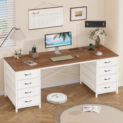 60 Inch Computer Desk with 8 Drawers for Home Office, Bedroom, Living Room | Home Office Desk with Power Outlets, Work Study Gaming Desk with 8 Fabric Drawers, Brown & White - color: Brown and White, size: 18.9"D x 59.8"W x 29.3"H