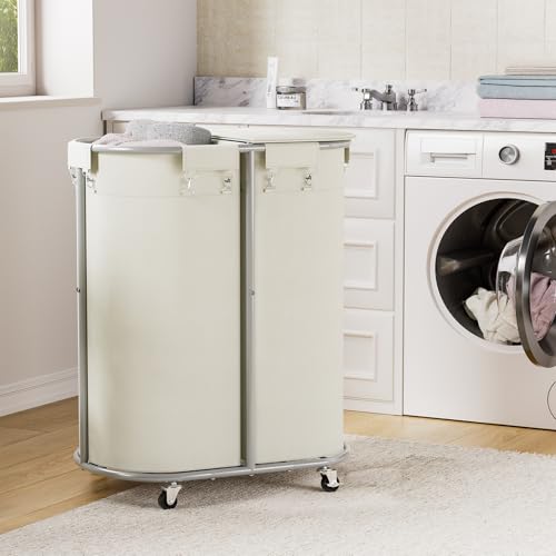 200L Double Laundry Hamper with Lid & Wheels, Oval Rolling Laundry Basket | Gasvadivum Sturdy Metal Large Laundry Cart with 2 Removable Bags, Dirty Clothes Hamper 2 section for Bathroom, Bedroom, Beige - color: Beige, size: 200L(24.8"L x 16.9"W x 31.5"H)