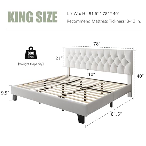 Feonase King Size Velvet Platform Bed Frame, Upholstered Bed with Button Tufted Headboard, Sturdy Wooden Slats & Heavy Duty Feet, No Box Spring Needed, Noise-Free, Easy Assembly, White - color: White, size: King