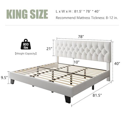 Feonase King Size Velvet Platform Bed Frame, Upholstered Bed with Button Tufted Headboard, Sturdy Wooden Slats & Heavy Duty Feet, No Box Spring Needed, Noise-Free, Easy Assembly, White - color: White, size: King