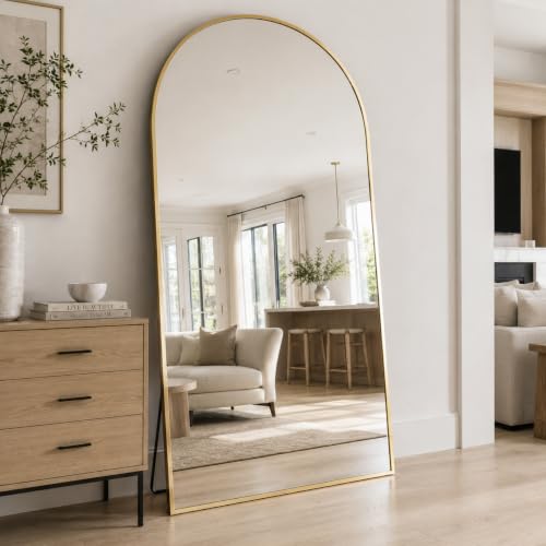 90''x46'' Oversized Full Length Mirrors, Arched Floor Mirror with Stand, Full Body Large Oversized Standing Mirror/Leaning/Hanging Wall Mounted for Living Room, Bedroom, Gold - color: Gold, size: 90"L x 46"W
