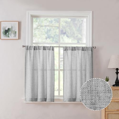Tollpiz Short Linen Tier Curtains Rod Pocket Semi Sheer Half Kitchen Curtain Burlap Light Filtering Thick Linen Drapes for Bathroom, 30 x 24 inches Long, Silver Grey, Set of 2 Panels - color: Silver Grey, size: 30"W x 24"L (Pack of 2)