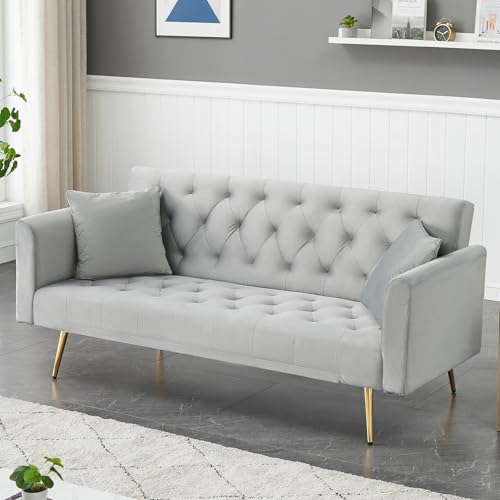 71" Modern Velvet Sofa Bed Futon, Convertible Sleeper Couch, Adj. Backrest | Tufted Recliner Loveseat Design with Golden Chrome Legs & 2 Pillows, Perfect for Small Spaces, Living Room, Apartment - color: Grey