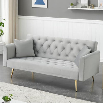 71" Modern Velvet Sofa Bed Futon, Convertible Sleeper Couch, Adj. Backrest | Tufted Recliner Loveseat Design with Golden Chrome Legs & 2 Pillows, Perfect for Small Spaces, Living Room, Apartment - color: Grey