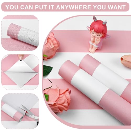 Pink and White Striped Peel and Stick Wallpaper 17.3"x1200" | Pink Striped Wallpaper Waterproof Contact Paper Modern Removable Self-Adhesive Vinyl Wall Paper for Bedroom Bathroom Nursery - color: Pink, size: 17.3" x 1200"