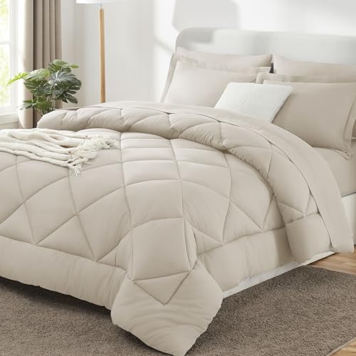 Oversized Queen Comforter Set Beige - 7 Pieces Bed in a Bag | OEKO-TEX Certified, All Season, 240GSM Down-Alternative Comforter, Sheets, Pillowcases & Shams, 14" Deep Pocket, Easy Care - color: Beige, size: Oversized Queen