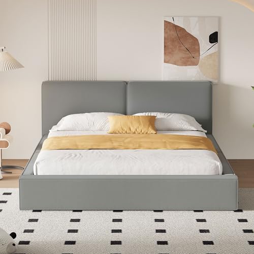 GDFStudio Queen Size Upholstered Platform Bed with Velvet Fabric, Grounded Low Profile Bed Frame, Solid Wood Support, No Box Spring Needed, Gray - color: Grey