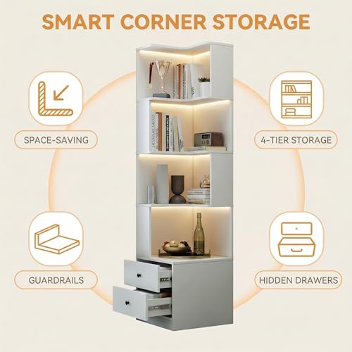 4 Tier Corner Bookshelf with Drawers, L Shaped Freestanding Corner Bookcase with LED Lights and Baffle, Space Saving Display Shelf for Living Room, Bedroom, Home Office, Kitchen(White) - style: White-with drawers
