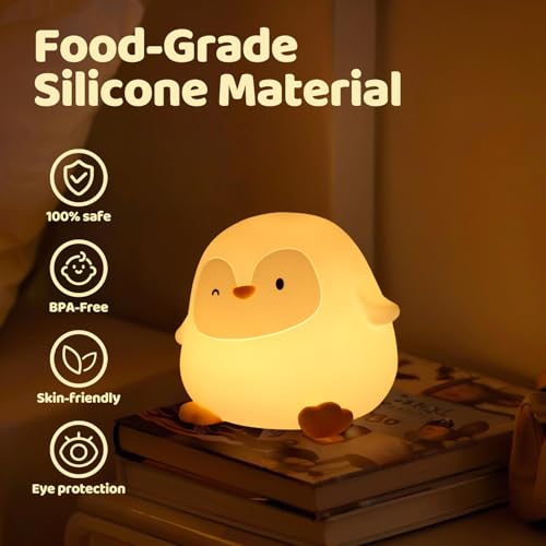 Rytinazzz Silicone Night Light for Kids, 50H Long Battery Penguin Lamp, Gift for Kids, Rechargeable Tap Control, Soft Dimmable Bedside Light with Timer - color: Penguin