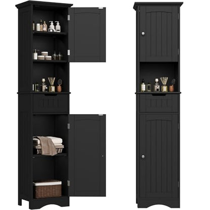 ChooChoo 67" Tall Bathroom Storage Cabinet, Narrow Bathroom Cabinet with 2 Doors and 1 Drawers, Freestanding Cupboard Floor Cabinet with Adjustable Shelves for Living Room, Kitchen, Black