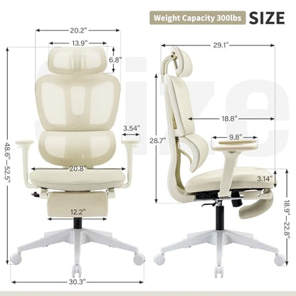Ergonomic Office Chair with Footrest, 90-135° Reclining High Back Desk Chair with Lumbar Support, 2D Headrest, 2D Armrests, Computer Chair for Long Hours, Cream - color: Beige