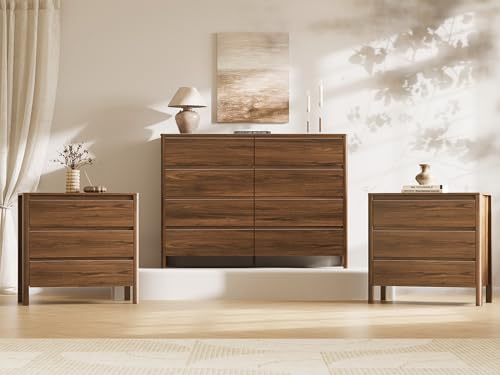 MAISONARIA Walnut 3-Piece Dresser Bedroom Set, 8 Drawers Dresser & 3 Drawer Nightstands with Hidden Handles, Wood Chest of Drawers for Bedroom, Living Room, Entryway - color: Walnut, size: 8+3