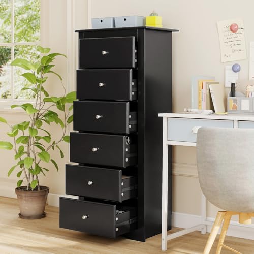 GIANTEX 6-Drawer Dresser for Bedroom, Wooden Chest of Drawers w/Metal Handles & Large Capacity, 16" D x 23.5" W x 53.5" H Clothes Organizer, Modern Tall Dresser for Bedroom, Entryway, Living Room - color: Black