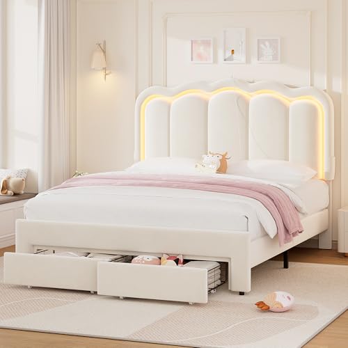 Full Upholstered LED Bed Frame with 2 Storage Drawers and Adjustable Chic Double Wavy Headboard, Velvet Princess Platform Bed with Charing Station, Solid Wood Slats Support,No Box Spring Needed,Beige - color: Beige, size: Full