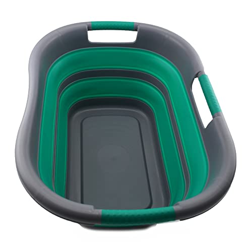 SAMMART 30L (7.9 gallon) Collapsible Plastic Laundry Basket - Foldable Pop Up Storage Container/Organizer - Portable Washing Tub - Space Saving Hamper/Basket (1, Dark Grey/Bluish-Green) - color: Dark Grey/Bluish-Green