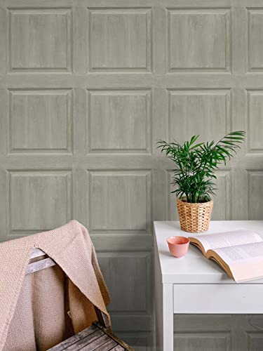 NextWall Washed Faux Panel Peel and Stick Wallpaper (Warm Pewter) - color: Warm Pewter