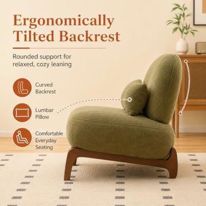 Modern Velvet Armless Accent Chair with Solid Wood Legs, Upholstered Single Lounge Chair, Comfy Reading Chair for Living Room, Bedroom & Reading Nook (Green + Fabric, 1 Pack, Solid Wood) - color: Green + Fabric, size: 1 Pack