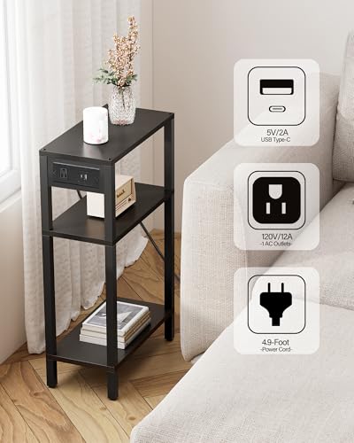 TUTOTAK Narrow Side Table, 3-Tier Small End Table with Charging Station | Skinny Sofa Table, Slim Nightstand, Easy Assembly for Living Room, Bedroom, Black TB01BK079 - color: Black, size: 3-tier