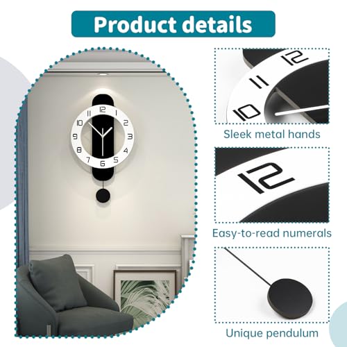 Modern Wall Clock Battery Operated Large Clocks for Living Room | Home Decor Non Ticking Silent Classic Decorative Clocks Pendulum for Bedroom,Office,Kitchen,Dining Room,Bathroom, 12.6x24.4in - size: 12.6*24 inch