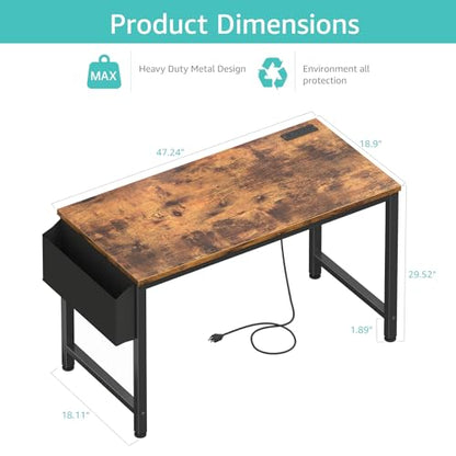 Lufeiya Computer Desk with Power Outlet, 47 inch Teen Study Table Home Office Work Writing Gaming Desks with Charging Station Outlets Built in, Brown - color: Rustic Brown, size: 47.2"