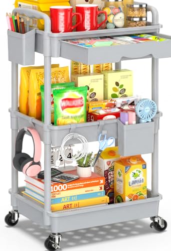 SUNALLY 3 Tier Rolling Cart with Drawer, Craft Storage Cart Organizer, Gray | Bathroom Storage Organizer with 2 Lockable Wheels, Rolling Utility Cart for Kitchen, Office, Baby, Makeup, Nail,Snack,Laundry - color: Gray, size: 3 Tier