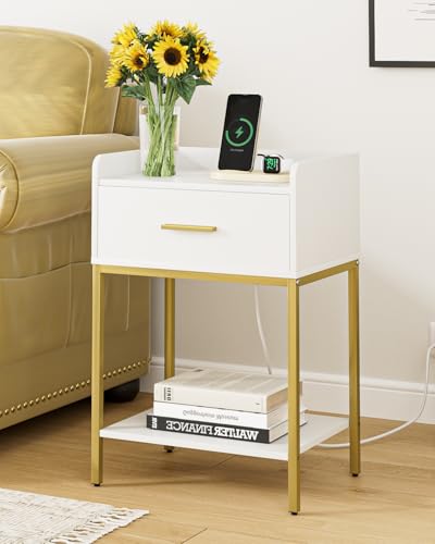 Masupu Nightstand with Charging Station,3-Tier Modern Bedside Night Stand with Storage Drawer and Shelf,Small End Side Table for Bedroom,Living Room,White - color: White