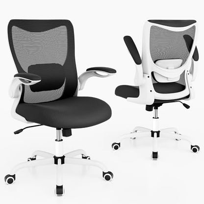 Office Chair, Ergonomic Desk Chair with Adjustable Lumbar Support and Flip up Armrest, Breathable Mesh Computer Chair for Home Office, White - color: White