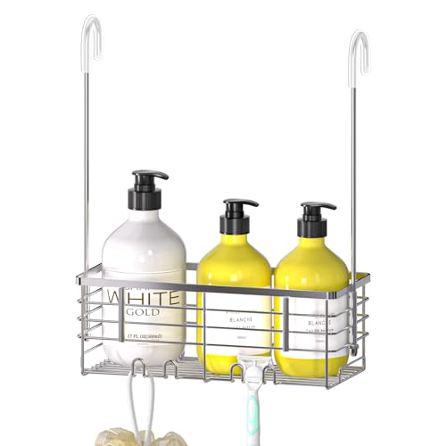 DELLAN Hanging Shower Organizer, Shower Rack with Hooks Over the Door | Bathroom Shower Caddy and Basket - color: Silver, size: 11"D x 4.7"W x 3.9"H