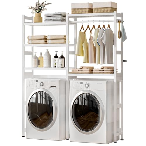 Cozivolife Over The Washer Dryer Storage Shelf: Bamboo 5 Tiers (White) | Laundry Room Drying Rack with Adjustable Shelves and 4 Hooks - Space Saver Organizer for Hanging Clothes and Towels - color: White