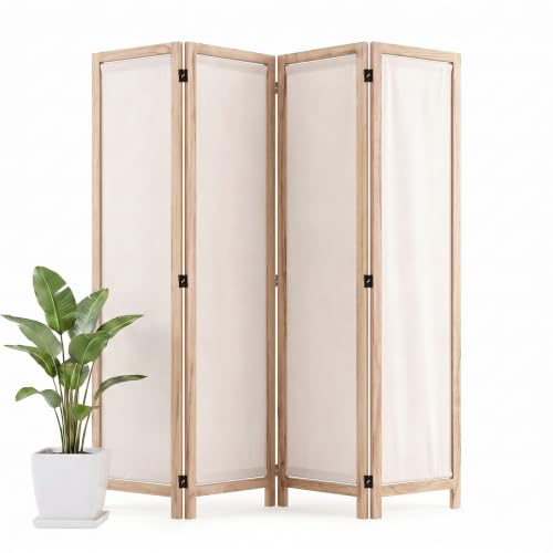 Wood Room Divider Panel with Linen Fabric, Boho Folding Privacy Screen 67" | Two Way Hinges, No-Assembly Required, Freestanding Screen For Bedroom, Living, Office or Apartment - color: Natural, size: 4 Panel