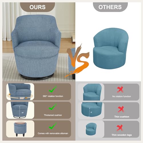 LOULENS Swivel Accent Chair with Storage Ottoman, Blue | Linen, Small, Barrel, Reading Chair, Comfy Single Sofa, Armchair, For Living Room, Bedroom - color: Blue