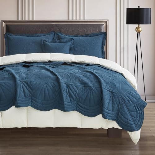 DaisyHuang Bedspread - Full Size Bedding Cover - Modern & Contemporary Coverlet Set, Real Stitching, Reversible, Lightweight, 5 Piece, Navy - color: Navy, size: Full(96"x110")