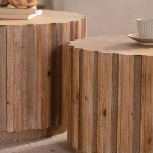 WILLIAMPSACE Round Nesting Coffee Table Set of 2, Rustic Farmhouse Wooden Drum Center Tables with Vertical Slatted Body, Tea Table for Living Room Apartment, No Assembly (19.7"+27.5", Natural) - color: 19.7"+27.5", Natural