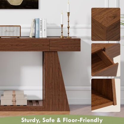 KEIKI 60" Narrow Console Table with Built-in Power Outlet, Farmhouse Sofa Table Behind Couch with Side Storage Compartment & Slatted Shelf, Entryway Foyer Hallway Accent Table, Rustic Walnut