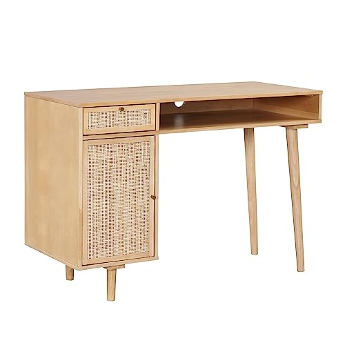 Nathan James Aaron Modern Desk with Storage, Natural Rattan Table with Square Webbing and Gold Accent Knobs, Natural Brown - color: Natural Brown