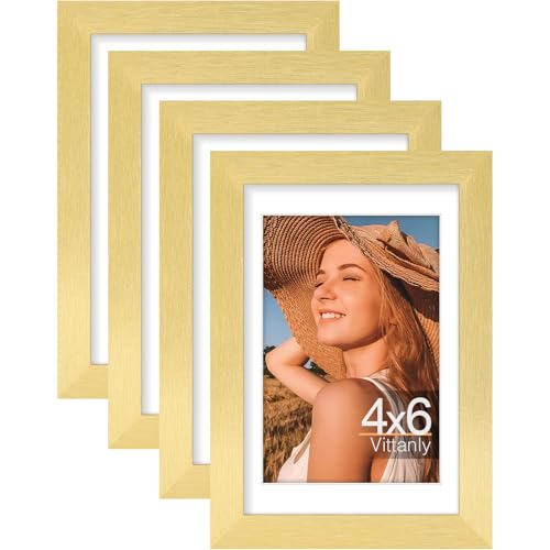 Vittanly 4x6 Picture Frames Set of 4, for Wall or Tabletop Display, Gold | Display Pictures 3.5x5 with Mat or 4x6 without Mat, Engineered Wood with Shatter Resistant Plexiglass, Small Photo Frames - color: Gold, size: 4x6