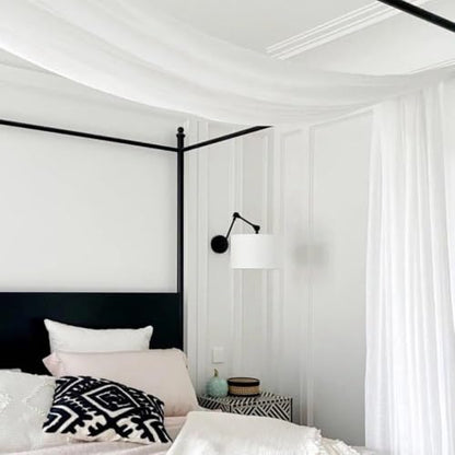 Black Bedside Wall Lamp with White Fabric Drum Shade, Modern Swing Arm Wall Sconce, Adjustable Wall Lighting Fixtures, Hardwired Wall Mounted Reading Light for Bedroom Living Room Hallway