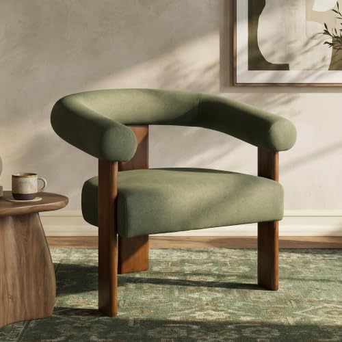 VKNOW Barrel Accent Chair, Vanity Chair with Armrests and Walnut Wood Legs | Mid Century Modern Upholstered Living Room Chairs with Open Back, Faux Mohair Fabric, for Living Room, Bedroom, Green - color: Green(walnut Legs), size: Set of 1