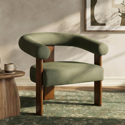 VKNOW Barrel Accent Chair, Vanity Chair with Armrests and Walnut Wood Legs | Mid Century Modern Upholstered Living Room Chairs with Open Back, Faux Mohair Fabric, for Living Room, Bedroom, Green - color: Green(walnut Legs), size: Set of 1