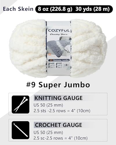 Cozyful Chunky Yarn for Hand Knitting, #9 Thick Jumbo Big Chunky Yarn for Crocheting, Super Chunky Knit Blanket Yarns, Large Chunky Chenille Yarns, 8 Pack (30 yds 8 oz Each Skein), Cream - color: Cream