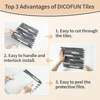 DICOFUN 10-Sheet Peel and Stick Backsplash Tile, Black & Grey Wood Look PVC Mixed Metal Stick on Backsplash Tiles for Kitchen, 9.4 sq.ft - color: Black Wood and Metal Silver, size: 10 Sheets, 12’’x12’’x0.12’’