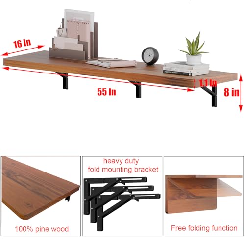 IAE Wall Mounted Folding Table with Pine Wood,55" x 16"Floating Wall Desk | Laundry Folding Table with Shelf Brackets,Fold Down Desk Shelf,Fold Workbench for Apartments,Home,Laundry Room,Kitchen,Teak - color: Teak, size: 55*16* 8 Inch