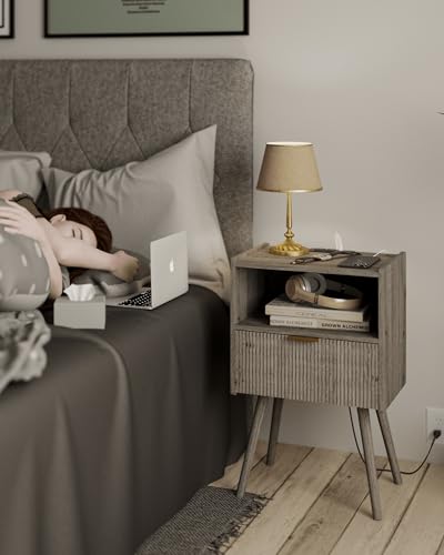 Nightstand with Outlet,Modern Bedside Table with Storage Drawer and Open Wood Shelf, for Living Room, Bedroom and Small Spaces, Accent Night Stand with Solid Wood Legs, Easy Assembly,Grey Oak - color: Grey Oak-outlet