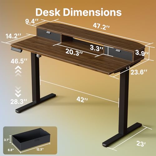 HUANUO 47.2" X 23.6" Electric Standing Desk with 2 Drawers, C-Clamp Mount Compatible, Height Adjustable Computer Desk, Home Office Stand Up Desk with 4 Preset Heights & 2 Hooks, Walnut - color: Walnut, size: 47.2" X 23.6"