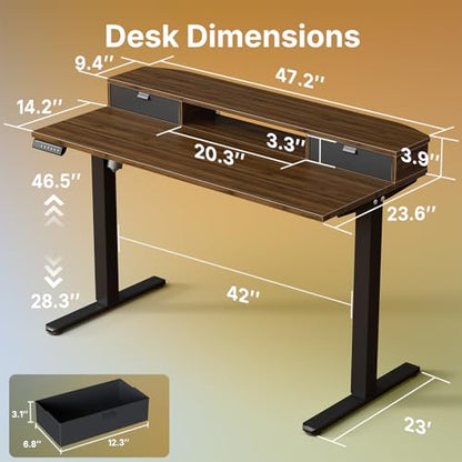 HUANUO 47.2" X 23.6" Electric Standing Desk with 2 Drawers, C-Clamp Mount Compatible, Height Adjustable Computer Desk, Home Office Stand Up Desk with 4 Preset Heights & 2 Hooks, Walnut - color: Walnut, size: 47.2" X 23.6"