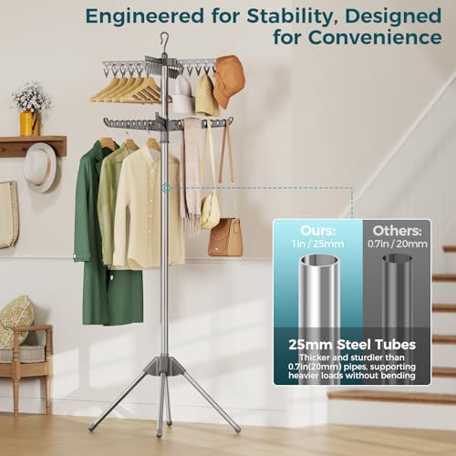 KINGBOARD 2-Tier Clothes Drying Rack, 72" H Drying Rack, 7 Rotatable Arms | 360° Rotatable Arms, 27 Hanger Holes, 24 Clips, Stainless Steel, Tool-Free Setup, Portable for Travel & Home, 30lbs Hold - size: 2 Tier