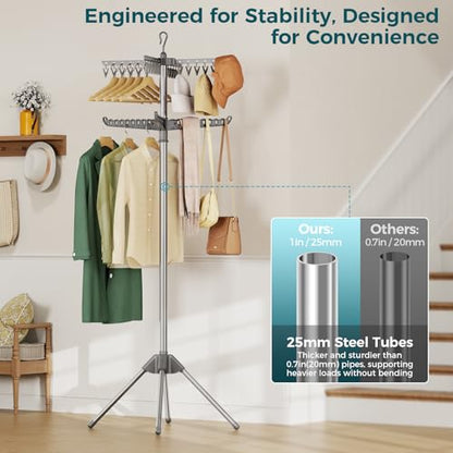 KINGBOARD 2-Tier Clothes Drying Rack, 72" H Drying Rack, 7 Rotatable Arms | 360° Rotatable Arms, 27 Hanger Holes, 24 Clips, Stainless Steel, Tool-Free Setup, Portable for Travel & Home, 30lbs Hold - size: 2 Tier