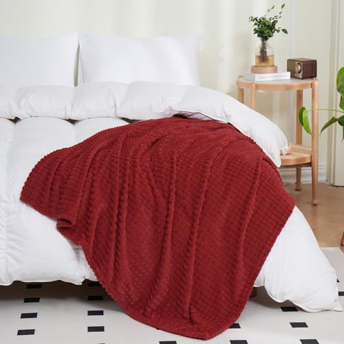 Puncuntex Fleece Throw Blanket Red 50"×60" with Square Grid Design | Super Soft Plush Cozy Flannel Throw Blanket Luxury for Couch Sofa Chair - color: Red, size: 50"×60"